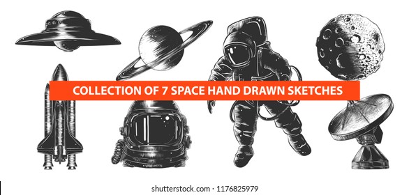 Vector engraved style space or cosmic collection for posters, decoration and print. Hand drawn sketches of in monochrome isolated on white background. Detailed vintage woodcut style drawing.