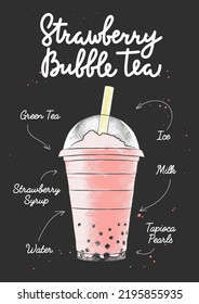 Vector engraved style Strawberry Bubble Milk Tea drink in plastic glass for posters, decoration, logo. Hand drawn sketch with lettering and recipe, beverage ingredients. Detailed colorful drawing.