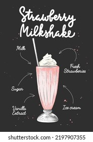 Vector engraved style Strawberry Milkshake drink in glass for posters, decoration, logo and print. Hand drawn sketch with lettering and recipe, beverage ingredients. Detailed colorful drawing.
