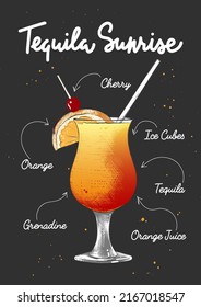 Estilo vectorial grabado Tequila Sunrise ilustración de cóctel para afiches, decoración, logotipo e impresión. Esbozo dibujado a mano con letras y recetas, ingredientes para bebidas. Dibujo colorido detallado.