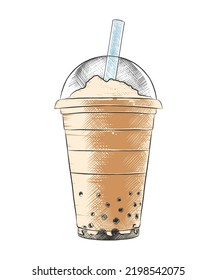 Vector engraved style Traditional Bubble Milk Tea drink in plastic glass for posters, decoration, logo, menu, sign. Hand drawn sketch of Asian Thai sweet cold beverage. Detailed colorful drawing.