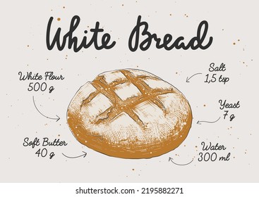 Vector Engraved Style White Bread Recipe For Posters, Decoration, Cook Book. Hand Drawn Bakery Sketch With Lettering And Recipe, Food Ingredients. Detailed Colorful Drawing Preparation, Instruction.