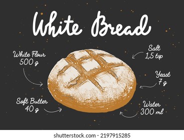 Vector Engraved Style White Bread Recipe For Posters, Decoration, Cook Book. Hand Drawn Bakery Sketch With Lettering And Recipe, Food Ingredients. Detailed Colorful Drawing Preparation, Instruction.