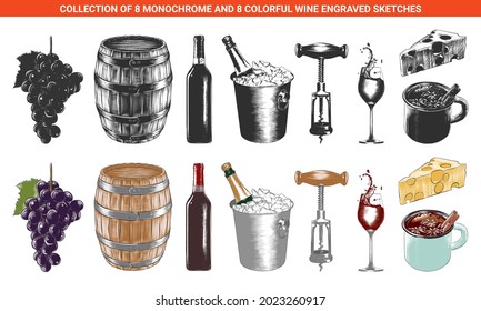 Vector engraved style wine list or menu collection for posters, decoration, logo, emblem. Hand drawn sketches isolated on white background. Detailed vintage woodcut style drawing.