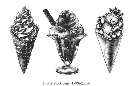 Vector engraved vintage style illustrations for posters, decoration, logo and menu. Hand drawn sketches set of ice cream cone, Hong Kong waffle and sundae ice cream in monochrome on white background.
