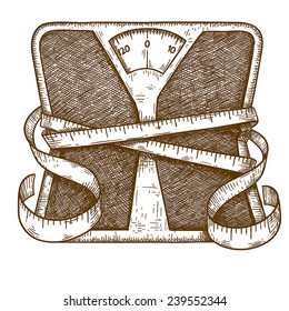 Vector engraving antique illustration of bathroom scale and measuring tape  isolated on white background. Symbolizes a healthy lifestyle