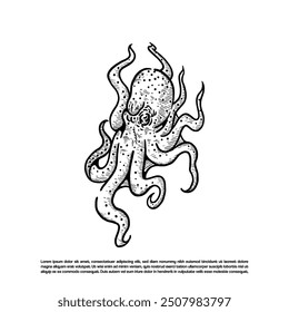 Vector engraving big octopus vector, sea monster sketch art