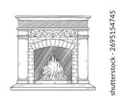 Vector engraving of a burning Fireplace with stone and brick texture. Linear drawing of vintage Hearth for cozy interior home scenes. Etching of Fire for Christmas invitations or Xmas greeting cards.