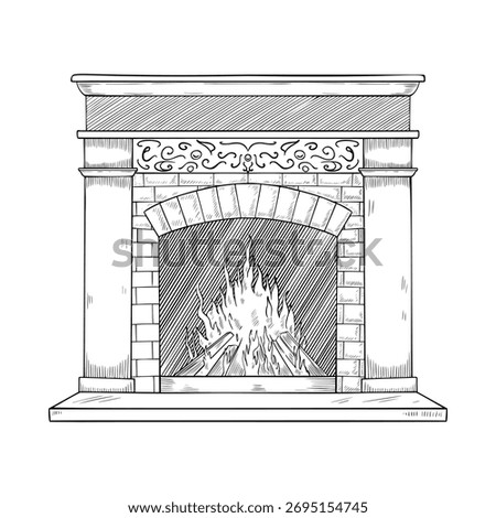 Vector engraving of a burning Fireplace with stone and brick texture. Linear drawing of vintage Hearth for cozy interior home scenes. Etching of Fire for Christmas invitations or Xmas greeting cards.