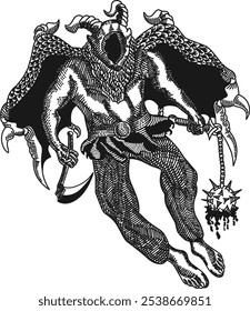 vector engraving of a chimera warrior. Bony wings, horns, and a deep, cosmic facial cavity. Wielding a sickle and spiked battle pose