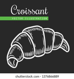 Vector engraving croissant on black background. Vintage hand drawn iIllustration for menu, ads