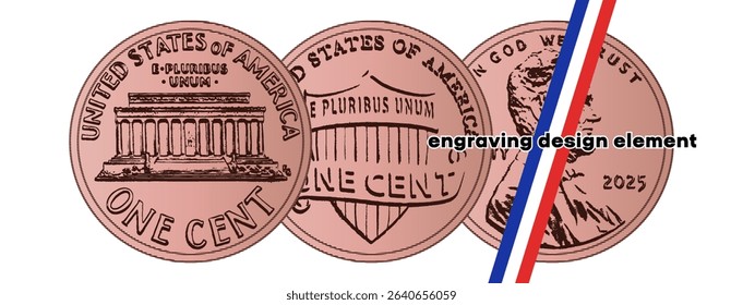 Vector engraving, design element. Modern US 1 cent. Obverse and reverse of change coin of United States of America. American money. One. Sample