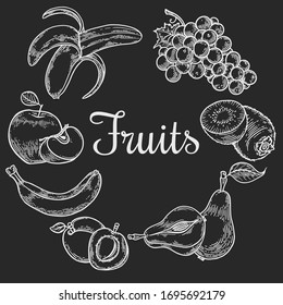 Vector  engraving fruit wreath on black  background. Vintage hand drawn illustration for menu, ads