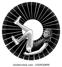 Vector engraving of a girl with glasses sitting in a pose in a circle. Black and white drawing.