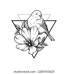 Vector Engraving or Handrawn Illustration of Bird on Flower on White Background