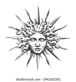 Vector engraving with a human head and sun rays in the antique style