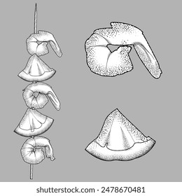 vector engraving illustration of grilled shrimp and lemon slices