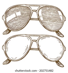 vector engraving illustration of sunglasses on white background