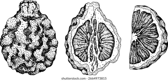Vector engraving illustrations of bergamot fruit. Perfect for botanical designs, food packaging, or wellness branding
