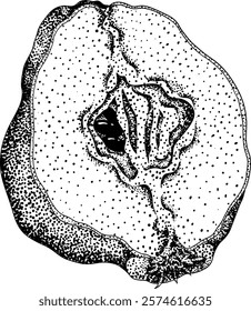 Vector, engraving Quince apple fruits whole and half cut, tropic farm garden ripe harvest, exotic fruits dessert	