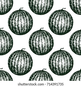 Vector engraving seamless pattern with highly detailed hand drawn watermelon. Retro style