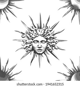 Vector engraving seamless pattern with a human head and sun in the antique style