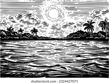 Vector engraving showcasing a scenic coastal view with palm trees along the shore