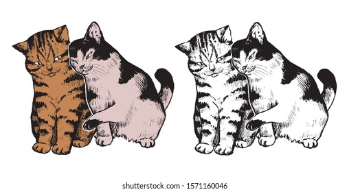 Vector engraving sketch. Set of cute love pet animals. Collection of tender cats couple. Colored and outline drawing isolated on white. Romantic illustration for print, postcards, posters, banners ets