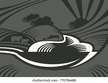 Vector engraving style illustration of a grey countryside landscape and a white spoonful of yogurt