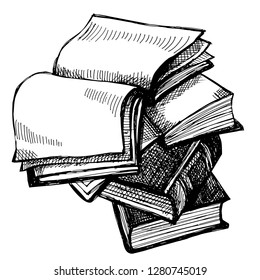 vector engraving style illustration a pile of books