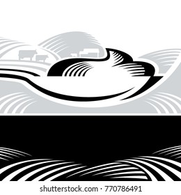 Vector engraving style illustration of rural landscape and a spoon full of yogurt