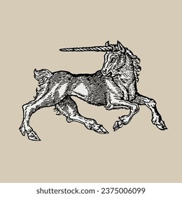 Vector Engraving of unicorn in medieval style 