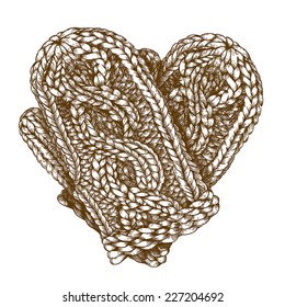 Vector engraving  woodcut illustration of two mittens isolated on white background
