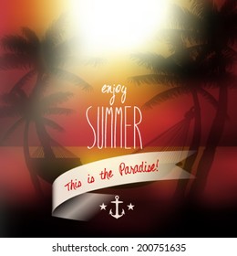 Vector enjoy summer summer message, sunset view in beach with palm trees and hammock background illustration