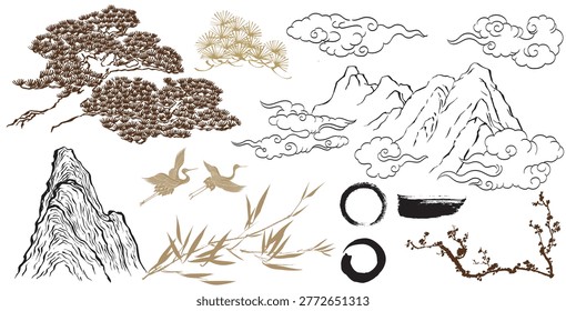 vector of enso circle, Chinese cloud, Bamboo leaves branch, crane birds., bonsai tree, abstract mountain with Chinese ink wash painting in traditional style.