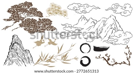 vector of enso circle, Chinese cloud, Bamboo leaves branch, crane birds., bonsai tree, abstract mountain with Chinese ink wash painting in traditional style.