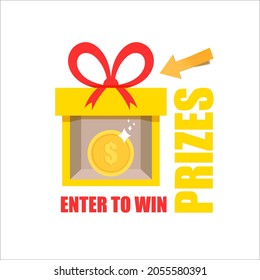 Vector Enter to Win Prizes Illustration, Yellow Box with Golden Coin in It, Banner Template, Colorful Present Box and Money, Gamble Games Background.