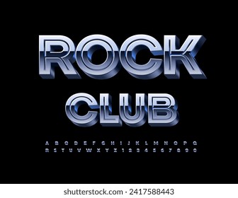 Vector entertainment emblem Rock Club. Creative metallic Font. Silver 3D Alphabet Letters and Numbers.
