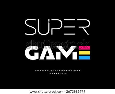 Vector Entertainment emblem Super Game. Trendy Futuristic Font. Unique White Alphabet Letters and Numbers set