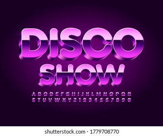 Volante de entretenimiento vectorial Disco Show. Letra 3D violeta. Letras y números de alfabeto brillantes