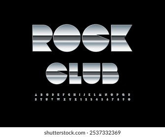 Ícone de entretenimento vetorial Rock Club. Fonte Metálica Trendy. Letras e Números do Alfabeto Prateado Moderno definido.