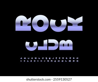 Vector entertainment logo Rock Club. Rotated Metallic Font. Unique Silver Alphabet Letters and Numbers set.