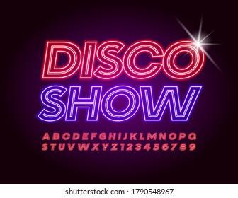 Espectáculo de entretenimiento con disco Show. Fuente Neon roja. Letras y números alfabetos brillantes