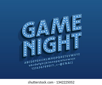 Vector Entertainment Poster Game Night With Glowing Alphabet Letters. Electric Lamp Font