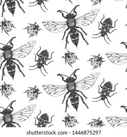 Vector entomological macro drawn seamless pattern with insects. Sketched element background can be used as a texture for cards, fabric design, frame templates and postcards