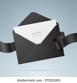 Vector envelope. Black envelope with blank paper and ribbon. Realistic mockup.