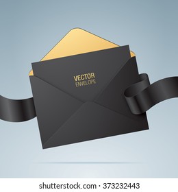 Vector envelope. Black envelope with letter and ribbon. Realistic mockup.