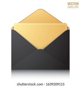 Vector envelope. Black unfolded envelope with golden inner side and golden card, isolated on a white reflective background. Luxury envelope realistic mockup.