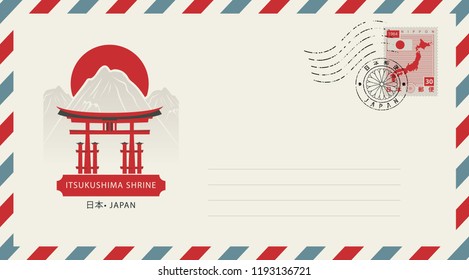 Vector envelope depicting the Shrine of Itsukushima with a postage stamp with a map of Japan and with postmark in form of japanese coat of arms.