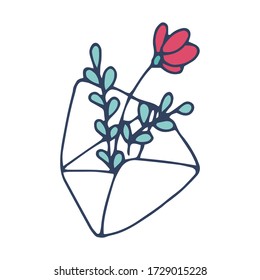 Vector envelope with flower and leaves isolated on white background